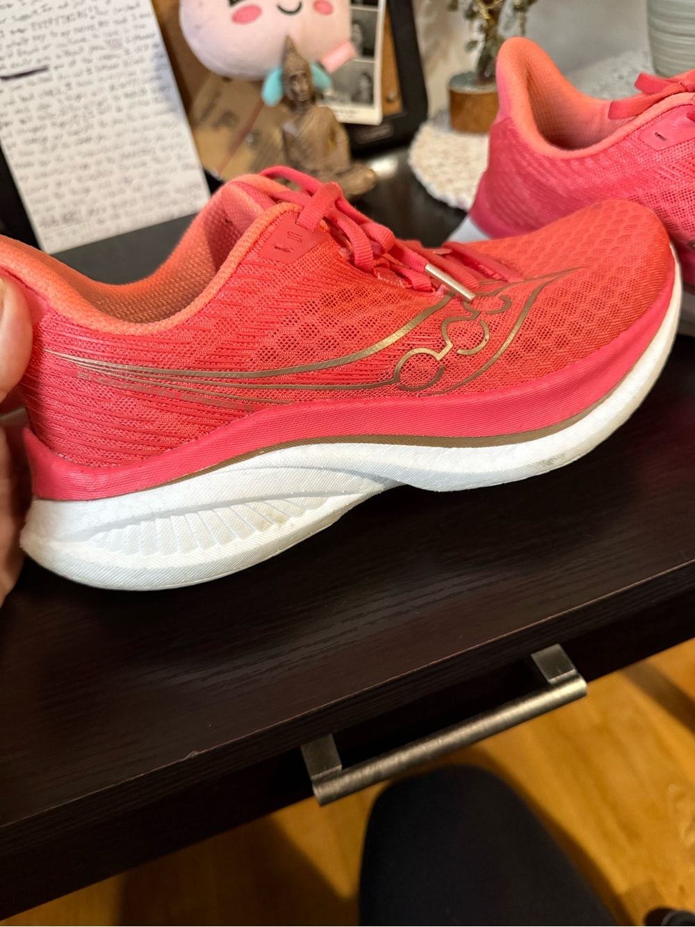 Saucony Endorphin Speed 5 Coral Running Shoes with Gold Accent. Worn once!
